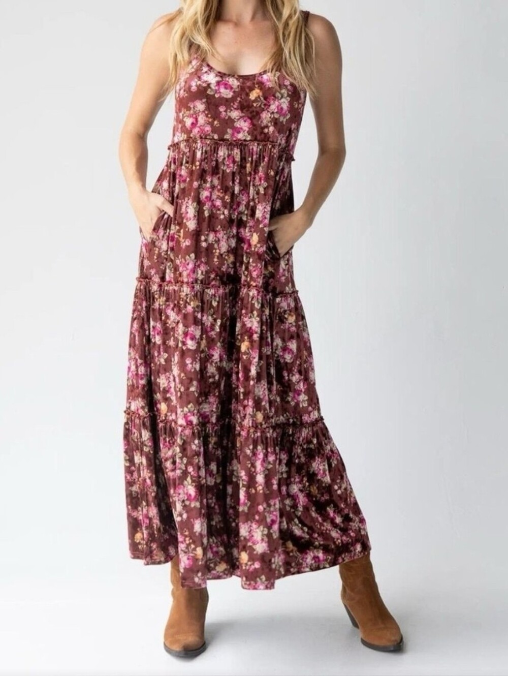 Natural life Rust Bouquets Karlie Velvet Maxi Dress Fairycore Cottagecore Sz S